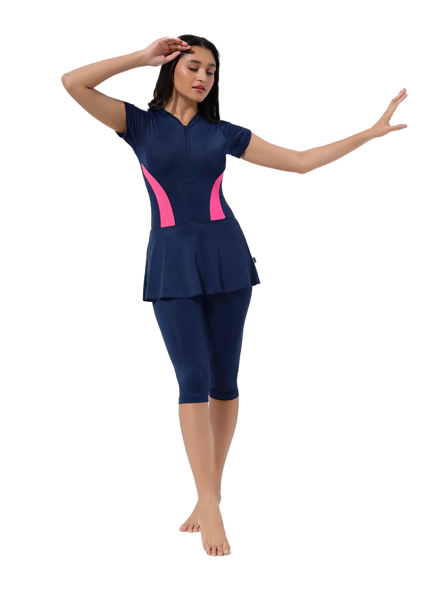 LYCOT Nylon Women's Fromt Zip Frock Style Half Sleeves Knee Length Swimwear-image-29