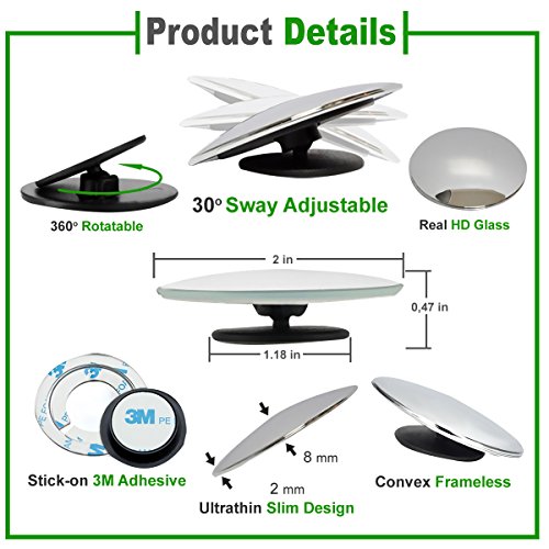 Lebogner 2 Pack Blind Spot Mirrors Car Accessories, 2" Round Hd Glass Slim Frameless Convex Rear View Mirror, Wide Angle 360°Rotate 30°Sway Adjustable Stick On Mirror For All Cars, Suv, And Trucks #TOP3