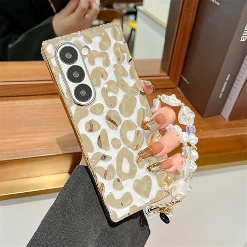 Coque silicone Z Fold6 léopard doré avec chaîne amovible antichoc