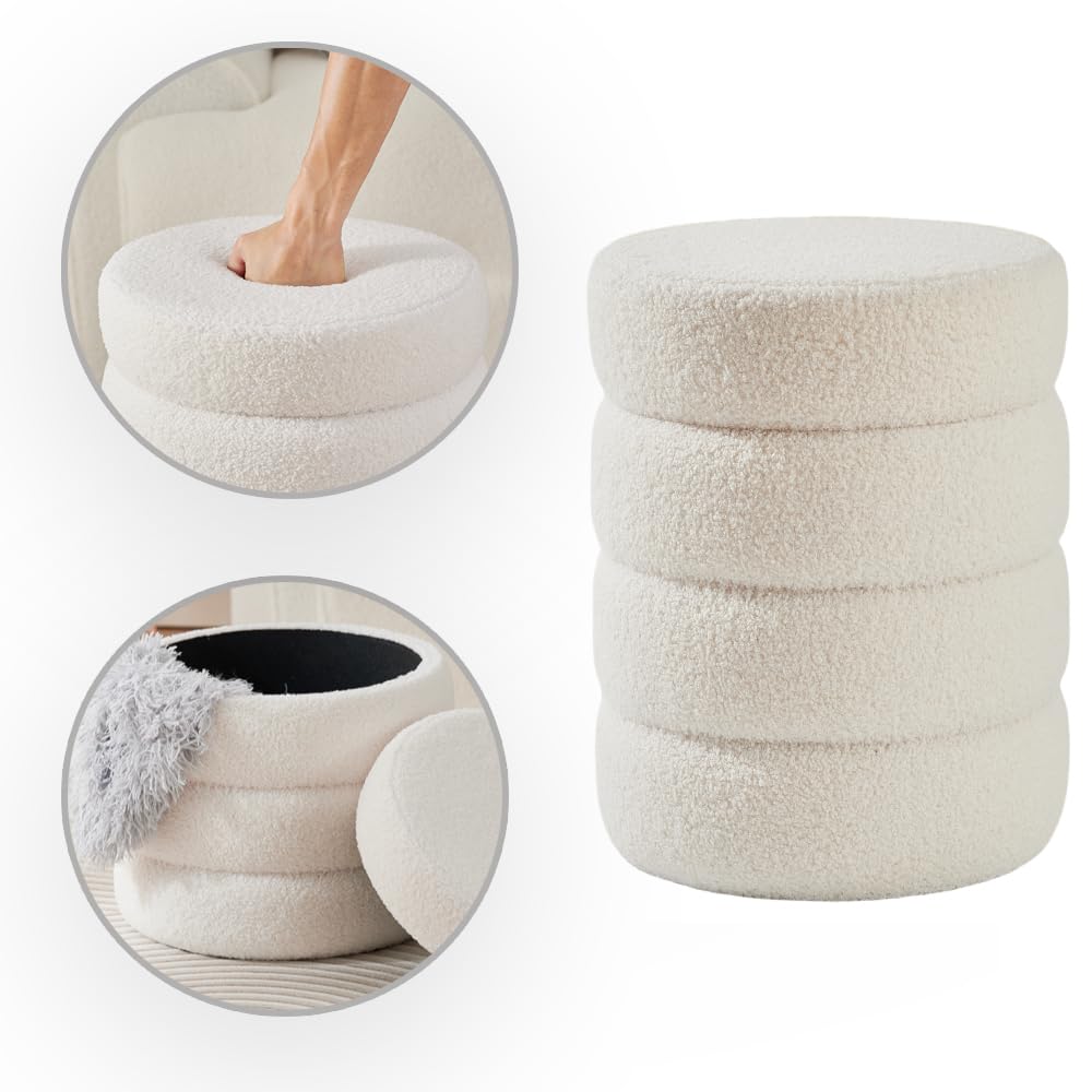 Taburete Redondo de Bouclé Blanco con Almacenaje y Tapa Reversible – Puff Multifuncional para Tocador, Salón, Dormitorio y Habitación Infantil