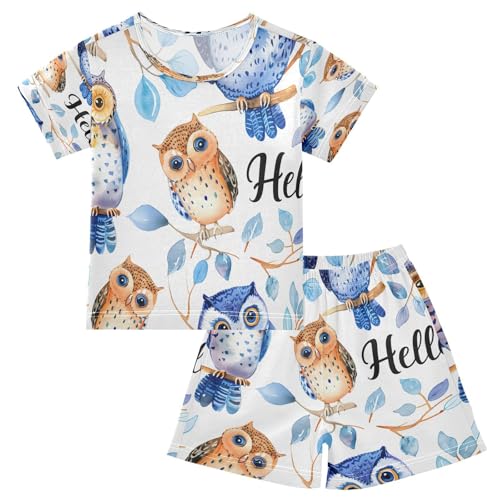 senya Short Sleeve Pajamas Sets Summer Cotton Sleepwear Watercolor Funny Owls