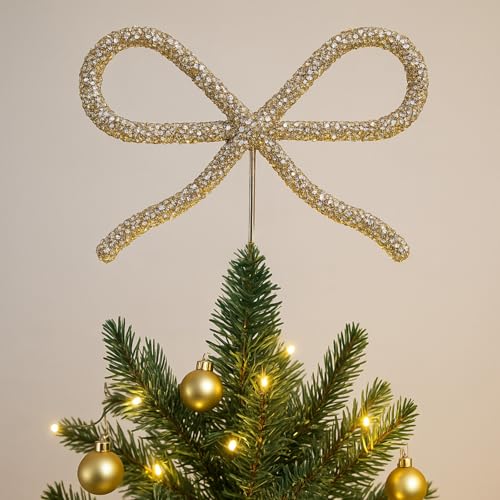 Retisee 9.8″ Rhinestone Bow LED Tree Topper Gold Bow Christmas Tree Topper Christmas Decorations Decor for Xmas Holiday Wedding Birthday Party Gift