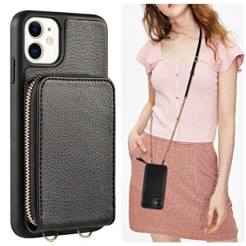 Wallet Case for iPhone 12 and iPhone 12 Pro, JLFCH Crossbody Case with Zipper Card Holder Wrist Strap Lanyard Purse Women Handbag Protective for Apple iPhone 12 Pro (2020), 6.1 inch - Black
