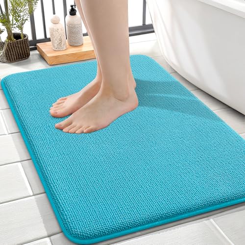 Image of OLANLY Thick Memory Foam Small Bathroom Rugs 24x16, Extra Soft Absorbent Bath Rug, Quick Dry Bath Mats, Non-Slip, Machine Washable Carpet for Bathroom, Tub and Shower, Home Decor Accessories, Aqua Sky