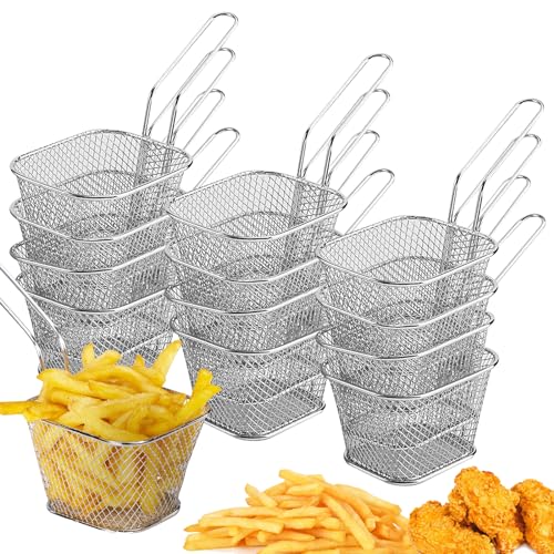 Lot de 12 paniers à frites : Petit panier à frites en acier inoxydable argenté avec anse - Panier à frites pour frites, frites, crevettes, rondelles...