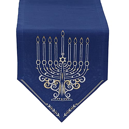 DII Hanukkah Tabletop Decoration Festival of Lights Celebration Décor, Table Runner, 14x68, Embroidered Menorah