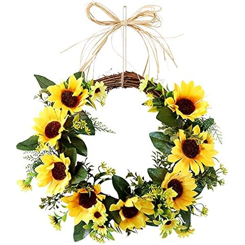 S_SSOY Artificial Sunflower Wreath 13.7 Inch Summer Fall Wreaths Springtime All Year Around Flower Green Leaves Cover