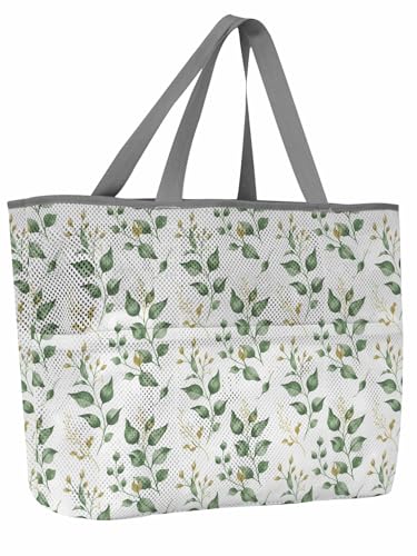 Mesh Beach Bag Oversized Tote Bags for Women Green Leaf Watercolor Large Travel Pool Bags with 8 Pockets