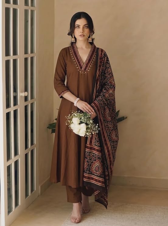 Image of ANNI Designer Viscose Blend Printed A-Line Kurta with Pant and Dupatta for Women | Viscose Blend Brown | 3 /4 Sleeve | V-Neck | Ethnic Wear Casual Wear
