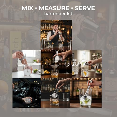 Image of O' Holic by Perch Craft 8-Piece Stainless Steel Bartender Kit|Premium Cocktail Shaker Set with Jigger 30 /60ml, Spoon,Pourer,Ice Tong, & Bar Tools|Professional Bar Set for Home &Tour Parties|Silver