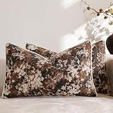 DEZENE Pack of 2 Vintage Floral Pillow Covers 12x20 Boho Farmhouse Accents Chenille Rectangular Lumbar Decorative Throw Pillow Cases for Living Room Couch Bed Home Decor, Dark Brown