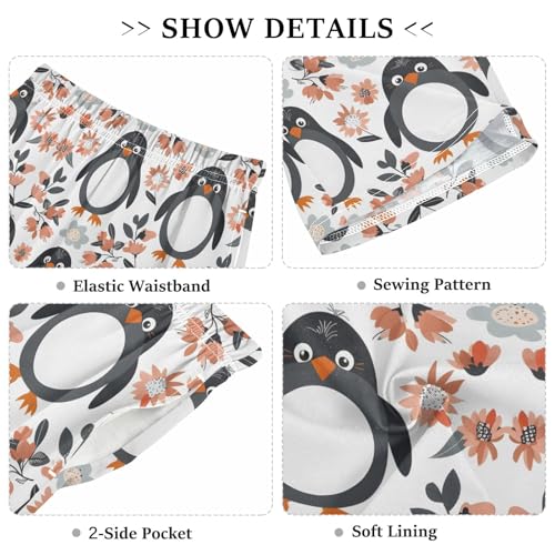 Cartoon Penguin with Flowers Short Pajama Pants Bottoms Soft Sleepwear with Pockets3