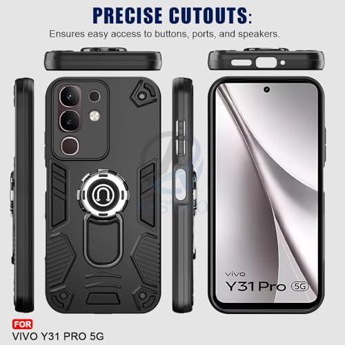 Image of AESTMO Vivo Y31 Pro 5G 5G Back Case Cover | Tough Armor Bumper | Ring Holder & Kickstand in-Built | 360 Degree Protection Cover for Vivo Y31 Pro 5G (Black)