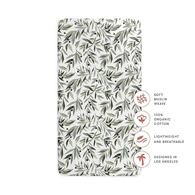 Babyletto 100% Organic Cotton Crib Sheet, GOTS-Certified, Fitted 360¡ã, Ultra-Soft and Breathable Muslin - Olive Branches