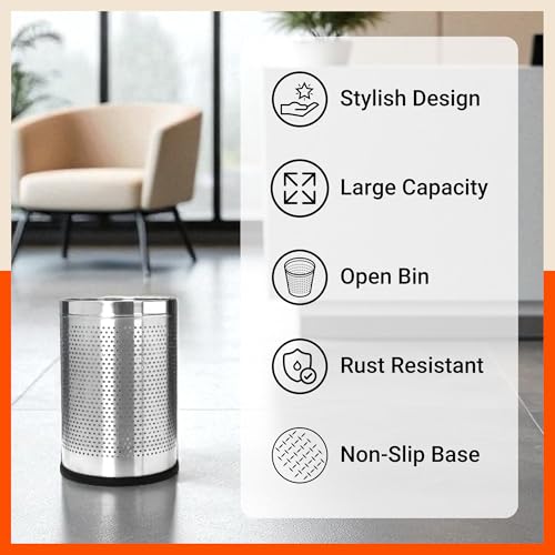 Image of Bathla Stainless Steel Perforated Open Dustbin - 8 Litres | Mesh Trash Can for Home, Office & Commercial Use | Durable, Rust-Resistant & Ventilated Waste Bin