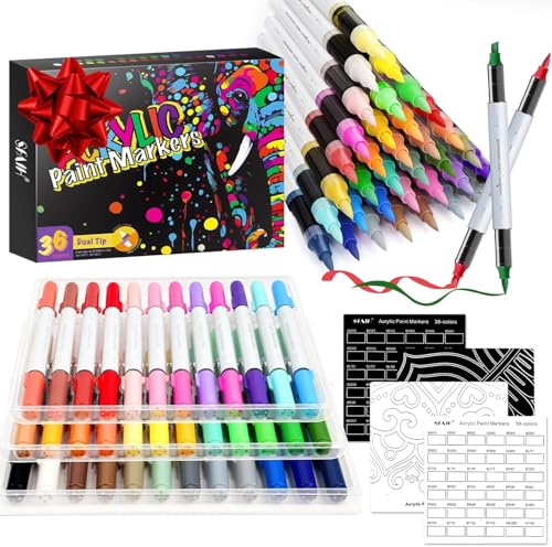 Image of SFAIH 36 Colors Acrylic Paint Markers Set Dual Tips (Brush & Chisel) | Artists & Crafters, No Bleed, High Coverage, Rock, Canvas, Fabric, Ceramic