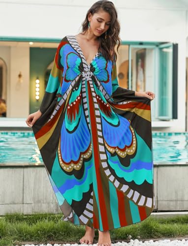 Image of KECVOT Kaftan Dresses for Women Plus Size Batwing Sleeve Caftans Long Bathing Suit Cover Up Maxi Beach Dress Loungewear