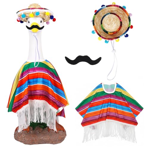 Pextian Cinco De Mayo Goose Outfit Mexican Porch Goose Outfits for 23 Lawn Goose Statue Cute Geese Clothes with Sombrero & Curly Mustache for Cinco De Mayo Spring Outdoor Garden Yard Patio Decor