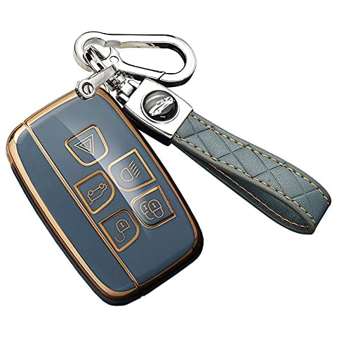 ontto Car key fob cover fit for Land Rover Defender Discovery Evoque LR4 Range fit for Rover Sport for Jaguar 5-Buttons Smart Key case TPU Key Shell Key Holder keychain Accessories Grey A Cover