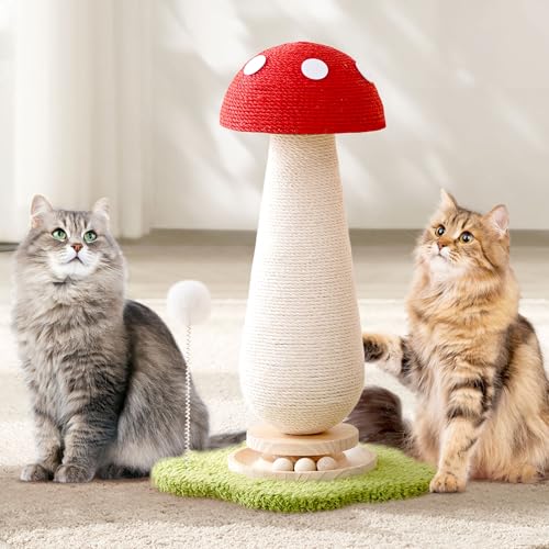 21.5‘’ H Cat Scratching Post with Catnip,Cute Mushroom Cat Scratcher Post with Durable Natural Wooden Turntable Toy,Mushroom Shape Design Cat Toy Cat Tree Sisal Scratcher for Indoor Cats (Cloud Base)