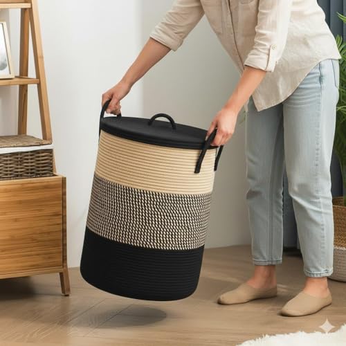 Image of lid Laundry Basket for Clothes, Toy Storage Basket, Storage Basket for Living room, Multi-Purpose, Extra Large Laundry Basket, Dirty Cloth Baskets, 15x20 in inch (LXH) (BG10)