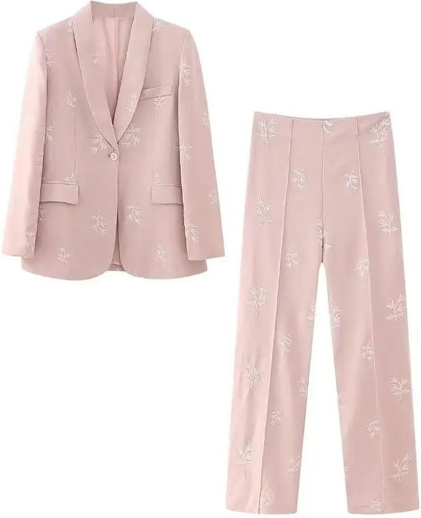 Elegant Suit with Pinks Embroidered Trouser Suit Women's Two-Piece Jacket Trousers Women's Evening Gown