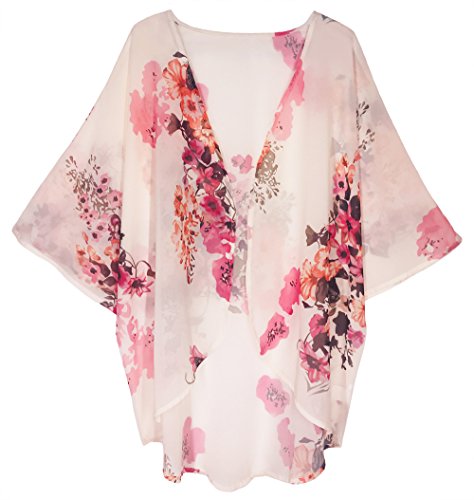 Image of FINOCEANS Womens Floral Chiffon Kimono Cardigans Loose Beach Cover Up Half Sleeve Tops