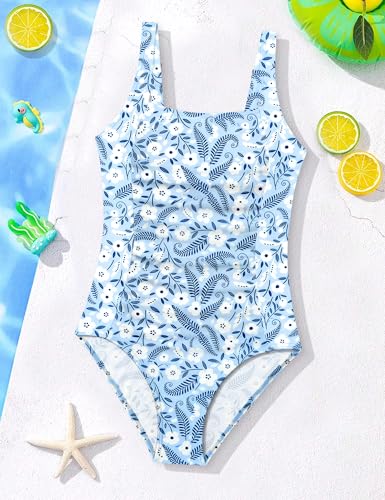 Image of BAVEDER Girls Swimsuit One Piece Swimsuits Solid Ruched Bathing Suit for Girls Full Coverage Modest Padded Swimwear 9-18y