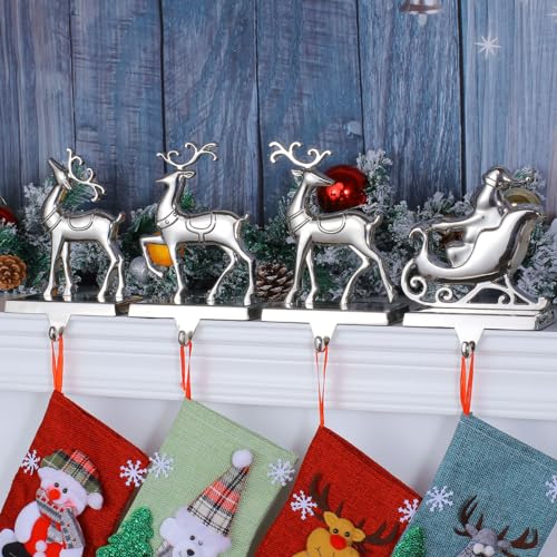 Kosmeey Set of 4 Christmas Stocking Holder for Mantel Reindeer and Sleigh Christmas Stocking Hangers for Fireplace Metal Mantel Hooks Hanger for Christmas (Stocking Holder Set of 4)