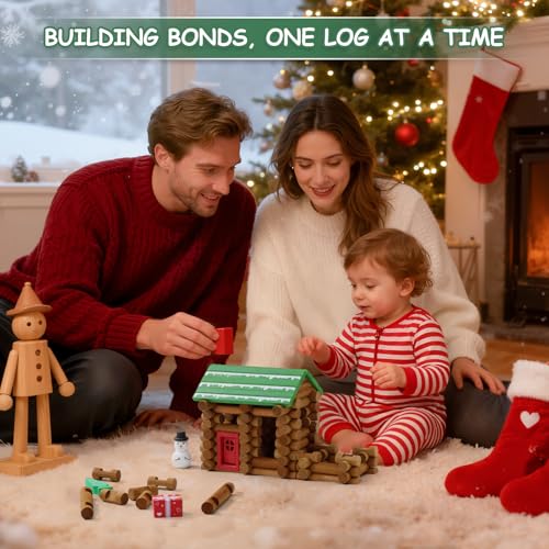 Image of SainSmart Jr. Wooden Logs Set 182 Pcs Building House Toy for Toddlers with Christmas Tree Logs, Classical STEM Construction Kit Compatible with Lincoln Logs for 3+ Kids