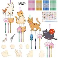 Collazoey 12 Stück Windspiel Bastelset Kinder, Katze Holz Klangspiel Basteln Bastelhandwerk mit Hängendem Klangspiele, DIY Klangspiele zum Bemalen, für Mädchen Jungen Outdoor Dekorieren