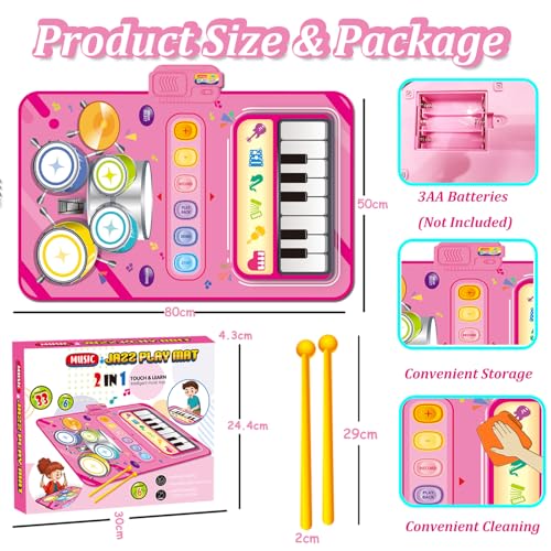 DQMOON Musikmatte mit 2 Trommelstöcke, Mädchen Geschenke Kinderspielzeug Musik Klaviermatte Tanzmatte Keyboard Kinder, Kindergeburtstag Geschenke für Jungen Mädchen 3 4 5 6 Jahre, Weihnachts Geschenke