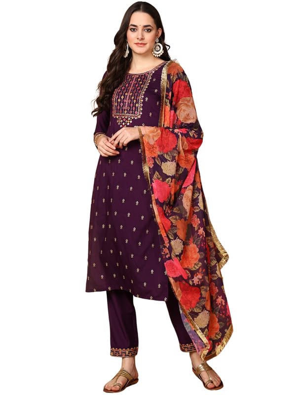 Image of Vaamsi Women's Silk Blend Solid Embroidered Straight Kurta Pant With Dupatta