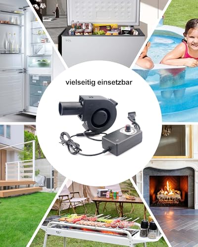 Zevmi Regelbar Radiallüfter 12V mit Luftauslass: Turbinengebläse 220V Gebläse Lüfter mit Drehzahlregler für Camping BBQ Kühlung Belüftung Aufblasbar Kaminofen