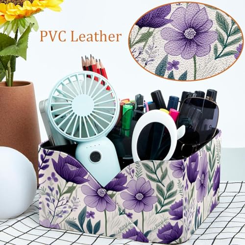 Porte-stylo rectangulaire floral violet à compartiments multiples pour maquillage