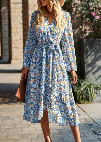 Image of PRETTYGARDEN Women's Floral Boho Dress Fall Long Sleeve Wrap V Neck Ruffle Flowy Maxi Spring Wedding Guest Vacation Dresses