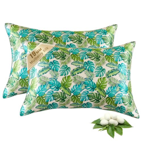 Image of THXSILK Set of 2 Natural Mulberry Silk Pillowcase for Hair and Skin, Mulberry Silk Bed Pillow Cover with Hidden Zipper, Hypoallergenic Organic Silk Pillowcase (King 20 inchx36 inch, Green Monstera Print)