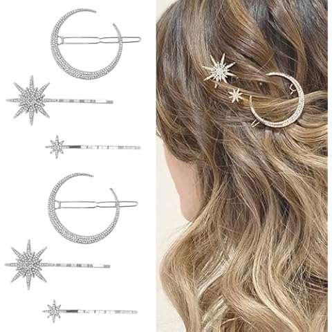 6 Pieces Rhinestone Stars Moon Hair Clips Vintage Star Hairpins Crystal Decorative Bobby Pins Metal Alloy Hair Pins Snowflake Side Clip Hair Accessories for Women Girls (Silver) Cover