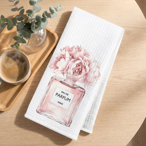 Image of 3 Pcs Pink Hand Towels, Perfume Flower Decor Reusable Dish Towels | Fashion Gifts for Women Girls Mom Friend, Waffle Weave Microfiber Towels for Bathroom Home Decor 24x14 Inch