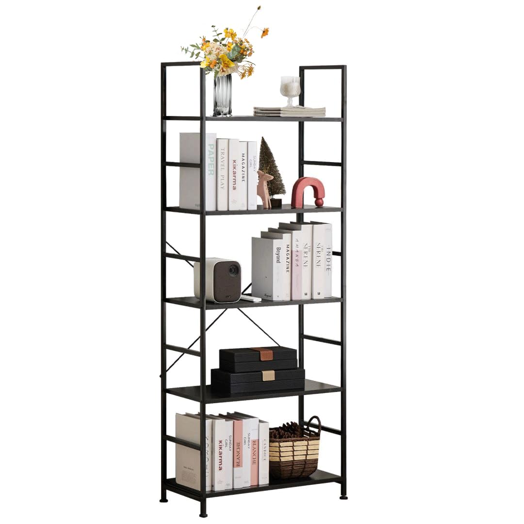 5 Tier Book Shelf, Tall Bookcase, Wood Book Rack with Metal Frame for Living Room Office Bedroom, 11.81x 23.62 x 62.2 Inches, Black
