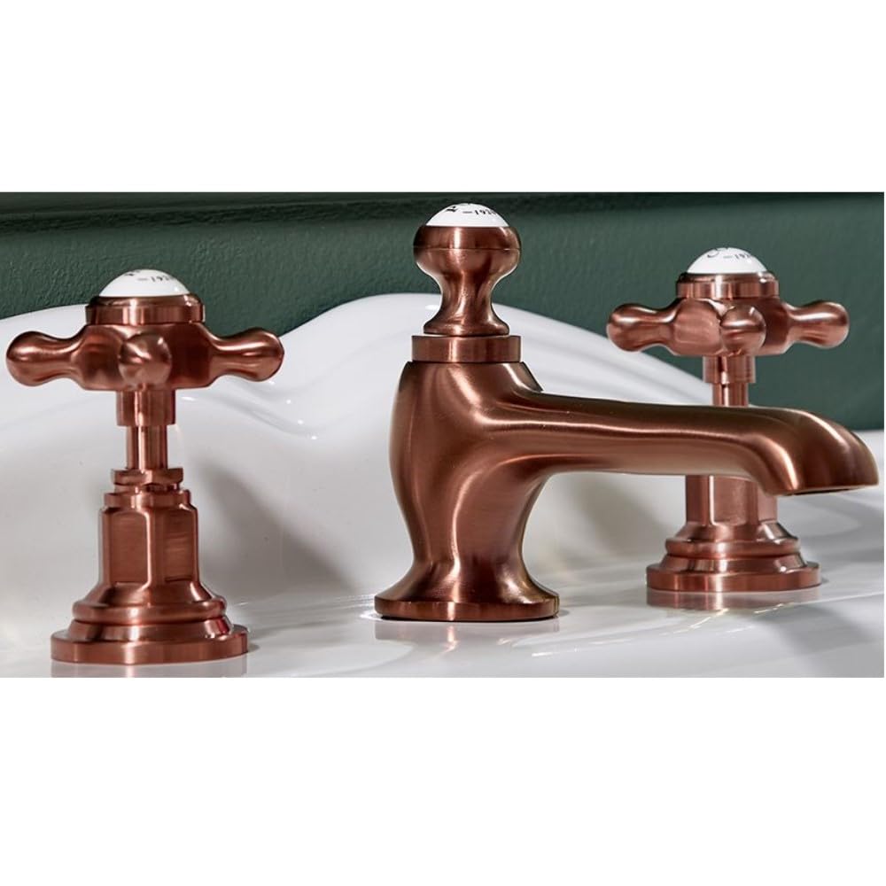Milano Brushed Copper Elizabeth 3 Tap-Hole Basin Mixer Tap Crosshead Handles