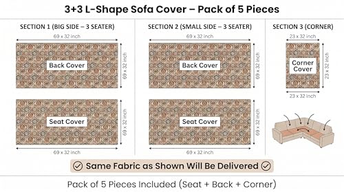 Image of Luxury Sofa Cover L Shape 6 Seater - Ivory Moroccan Hexagon 3+3 Seater (6 Seater) Quilted Sofa Cover Set Pack of 5, Washable, Ivory Rust