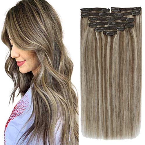 VeSunny 7pcs/100g 100% Real Human Hair Clip in Extensions Piano Color #8A Light Brown Highlighted #60 Platinum Blonde Dip Dyed Hair Extensions Clip in Thick Human Hair 20"