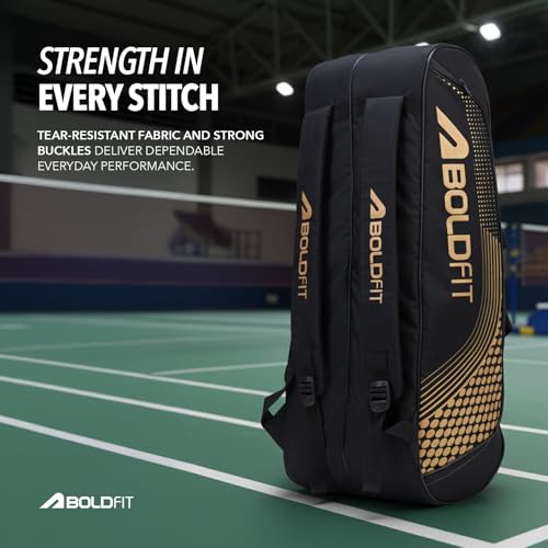Image of Boldfit Courthaul Badminton Kit Bag for Men & Women 6 Rackets Double Zipper Sports Kit Bag with Backstrap Durable Polyester Badminton Racket Bag for Training, Match & Travel - Black