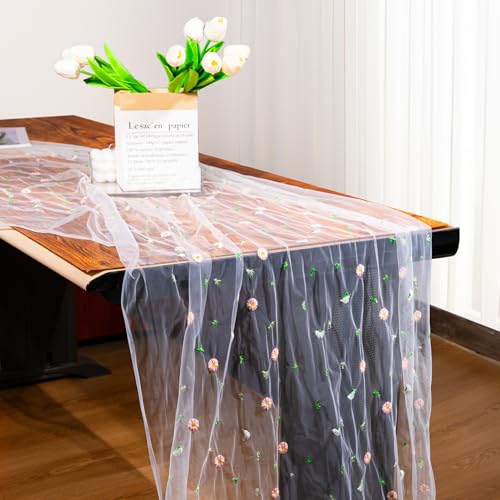 10ft Floral Tulle Table Runner with Daisy Flower Patterns, Elegant...
