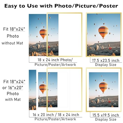 Image of JCJMY 18x24 Picture Frame with 16x20 Mat, Display Photo 16x20 with Mat or 18 x 24 Without Mat, Wall Hanging Large 18 by 24 Poster Frame with Plexiglass, Gold