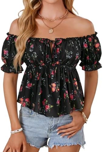 Vrtige Women's Off Shoulder Peplum Blouse Shirt Rose Red Floral X-Large
