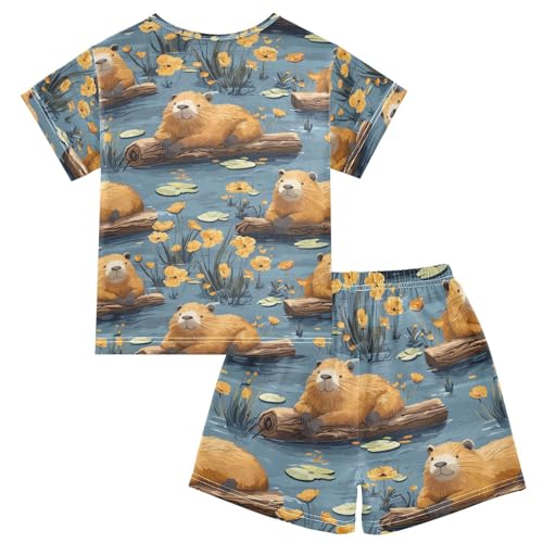 ALAZA Otter Poppy Blossom Blue Pajamas Set Short Sleeve Cotton Sleepwear Summer Pjs 2 Piece 5-14Y2