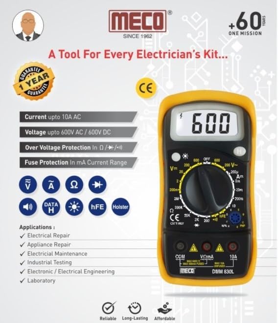 Image of MECO 830L Digital Multimeter | AC /DC Voltage & Current Tester | Resistance Measurement | Pocket Size Electrical Tester with LCD Display | Ideal for Electricians, Technicians