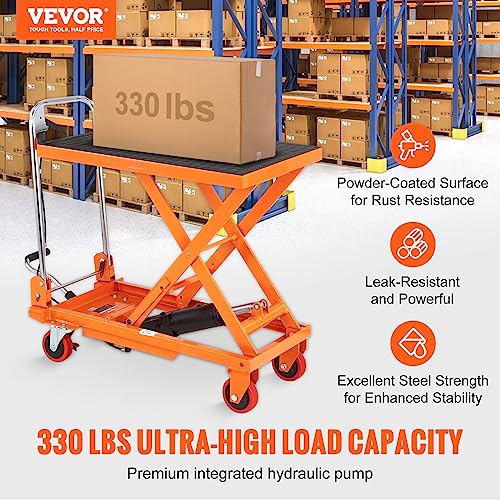 VEVOR Hydraulic Lift Table Cart, 330lbs Capacity 28.5" Lifting Height, Manual Single Scissor Lift Table with 4 Wheels and Non-Slip Pad, Hydraulic Scissor Cart for Material Handling and Transportation